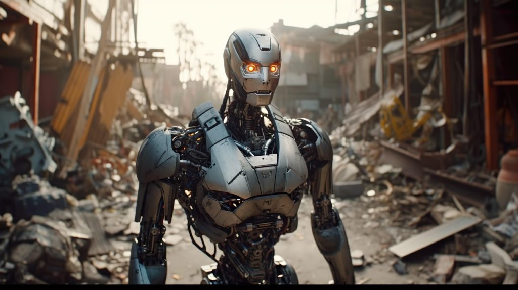 ai generated, robot, humanoid, city, destruction, reconstruction, renovate, war, catastrophe