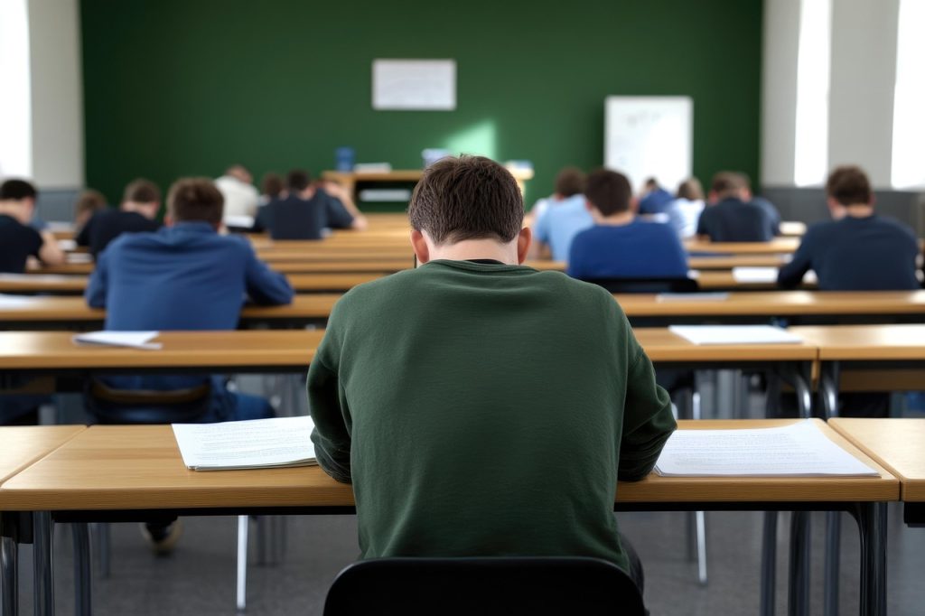 ai generated, school exam, students, classroom, exam, sitting, test, classroom exam, taking test, learning, education, writing, study, school, students writing, education scene